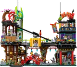 Detailed front view of LEGO Ninjago City Markets with bridge and cable car.