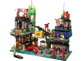 Full LEGO Ninjago City Markets set (71799) with multiple levels, minifigures, cable car, and bridge.