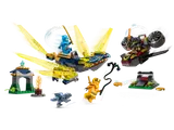 Ninjago 71798 set with dragon and hovercraft in motion.