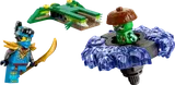Nya minifigure, golden scythe, green creature, and blue spinner.