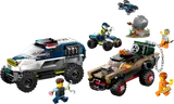 Full set contents: police SUV, getaway truck, ATV, drone, rock trap, four minifigures.