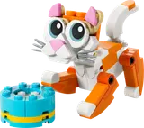 LEGO orange and white cat build with blue dish.