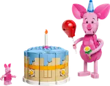 Brick-built Piglet, birthday cake, and minifigure Piglet.