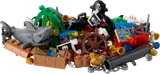 Pile of LEGO pirate parts, including shark, treasure, and pirate gear.