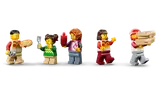 Five LEGO pizza delivery minifigures.