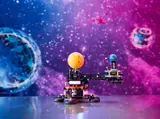 Model on reflective surface, space background.