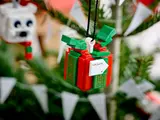 Close-up of LEGO gift ornament.