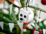 Close-up of LEGO polar bear ornament.