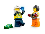 Police officer holding a diamond, thief in handcuffs with money tiles.