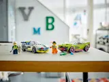 Complete LEGO City chase scene with two cars and two minifigures on a table.