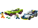 Two cars (green muscle, blue police) and two minifigures (thief, officer) with accessories.