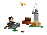 LEGO Harry Potter minifigure with launcher, Snitch, chest, and statue.