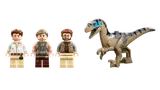 Minifigure trio and raptor creature.