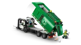 Recycling truck with container tilted, revealing chassis.