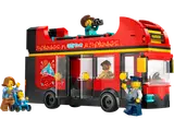 Red LEGO City double-decker bus with minifigures.