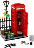 LEGO London telephone box model with open door and street lamp.