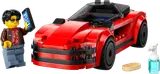 Red LEGO sports car with minifigure Kai and cleaning accessories.