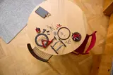 LEGO bike parts on table.