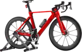 Red LEGO road bike on training stand.