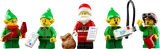 Five unique elf and Santa minifigures.