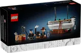 Back of set box with minifigures by campfire.