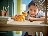 Child playing with Simba cub on desk.