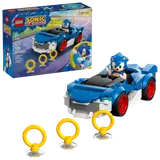 Box art and assembled Sonic car with rings.
