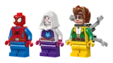 Close-up of Spidey, Ghost-Spider, and Doc Ock minifigures.