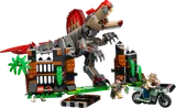 Spinosaurus attacks jungle enclosure with minifigures.