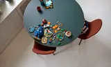 LEGO pieces scattered, overhead.