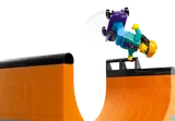 Skateboarder doing a handstand trick.