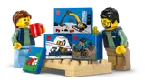 Minifigures with LEGO set display boxes.