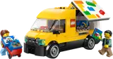 Yellow LEGO van with open display and two minifigures.