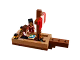 Minifigures on pirate ship examining map.