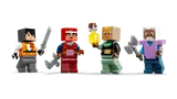 Close-up of four distinct Minecraft hero minifigures with their gear.