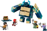 Warden monster surrounded by four Minecraft heroes and a treasure chest.