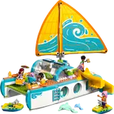 LEGO Friends catamaran set with minifigures and dolphins.