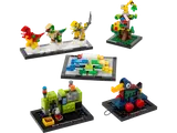 Six miniature LEGO builds: dinosaurs, LEGO House, moulding machine, tree, and wooden duck.