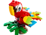 Colorful LEGO parrot on a leafy jungle base.