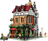 Front view of LEGO Tudor Corner 10350, showing detailed exterior and minifigures.