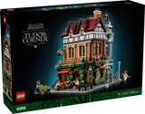 LEGO Icons Tudor Corner 10350 box, assembled model with minifigures.