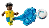 Close-up of Vini Jr. minifigure kicking a soccer ball.