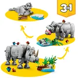 Three LEGO Creator 3-in-1 animal builds: rhino, hippo, walrus.