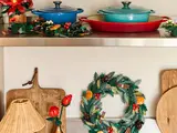 LEGO Holiday Wreath and garland in a festive kitchen display.