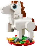 White LEGO horse on a small green and red base.