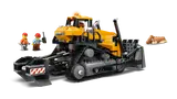 Rear perspective of the LEGO bulldozer and minifigures.