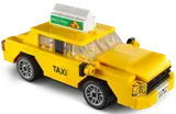 LEGO Yellow Taxi with 'BRICK OVEN!' sign.