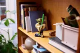 LEGO Yoda bust on bookshelf.