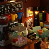 Barista station, lit, with minifig and cat.