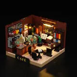Lit interior of a detailed Lumibricks book cafe.